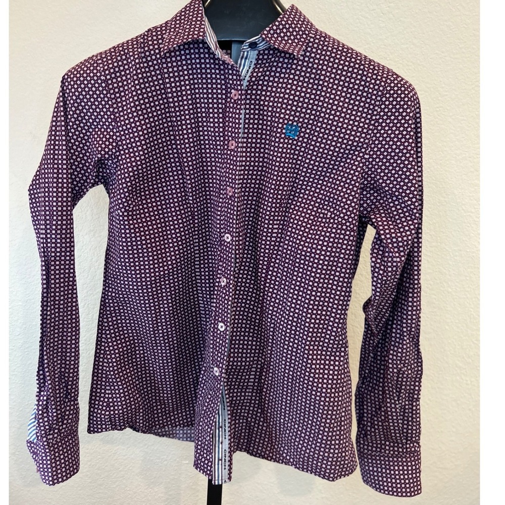 Cinch Mens Burgundy Geometric Micro Print Long Sleeve Button Down Shirt Large